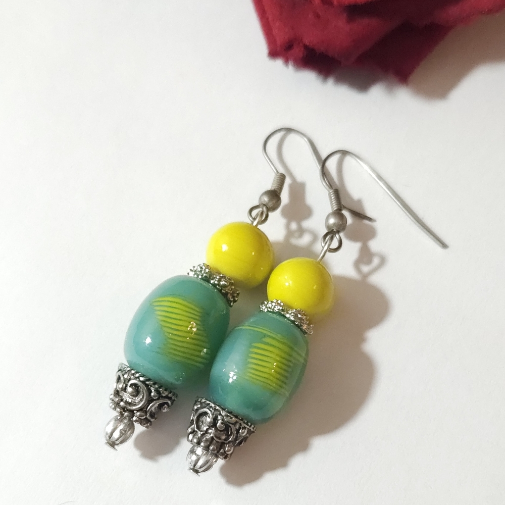 Handmade Green & Yellow Lamp Work Beaded Dangle Silver Earrings